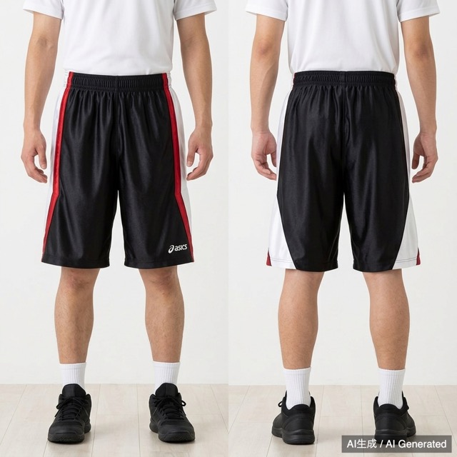 asics バスケットボールパンツ 黒/白/赤 光沢