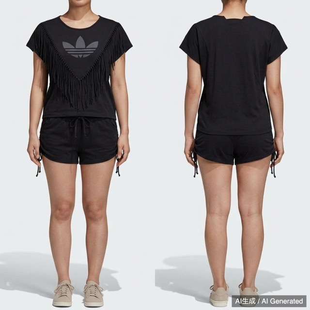 adidas レディース ブラック フリンジ Tシャツ & ショーパン セット