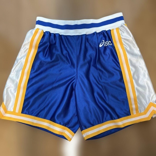 メンズ asics バスケットボールパンツ 青/白/イエロー 光沢