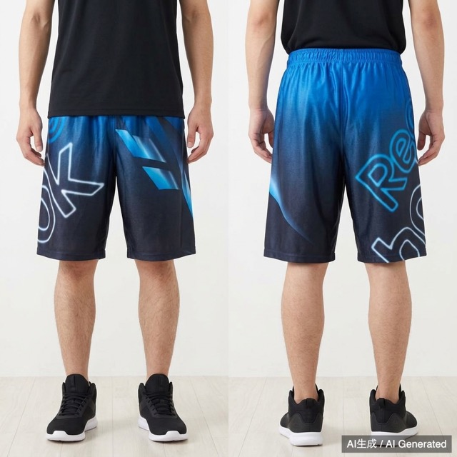Reebok バスケットボールパンツ 黒/青 光沢