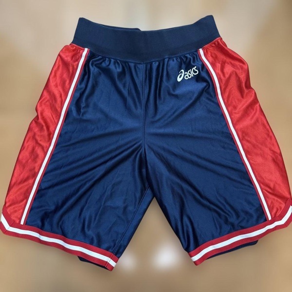 メンズ asics バスケットボールパンツ ネイビー/レッド 光沢