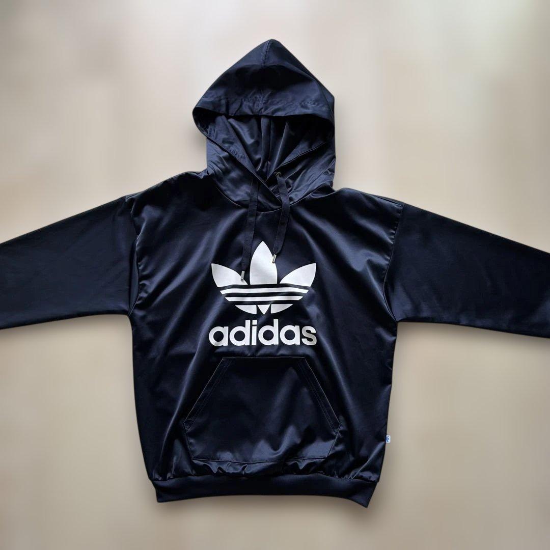 adidas 紺 パーカー レディース フーディー Mサイズ 光沢サテン (2/8)